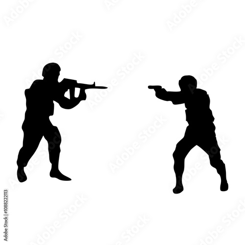 silhouette of armed soldiers fighting police with pistols