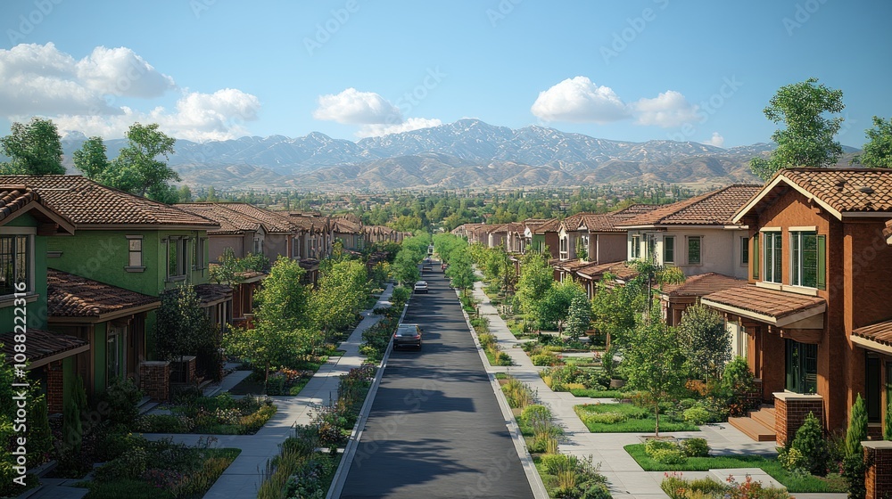 Fototapeta premium Serene suburban street with houses and mountains in the background.