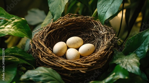 Nest with four speckled eggs surrounded by lush green leaves photo