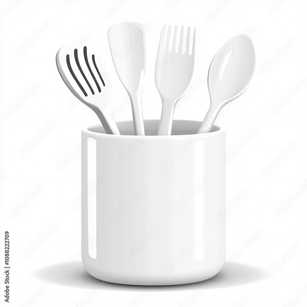 2408_094.A simple vector icon illustration depicting a medium-sized ceramic utensil crock, viewed from the side, kitchen tools inside, strong outline, at center for a website isolated white background 2408_094.A simple vector icon illustration depicting a medium-sized ceramic utensil crock, viewed from the side, kitchen tools inside, strong outline, at center for a website isolated white background
