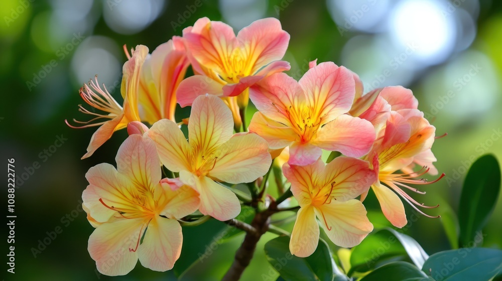 Fototapeta premium A vibrant cluster of flowers showcasing shades of pink and yellow against a blurred green backdrop.