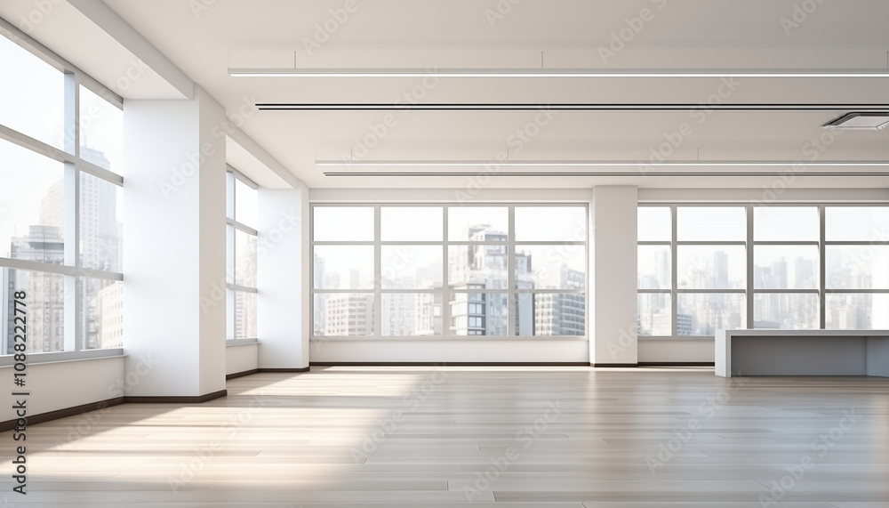 Fototapeta premium Empty Modern Office Space with City View Large Windows Hardwood Floor