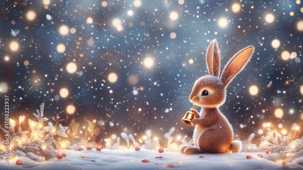 Adorable rabbit sitting in the snow holding a bell surrounded by lights Adorable rabbit sitting in the snow holding a bell surrounded by lights