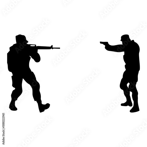 silhouette of armed soldiers fighting police with pistols