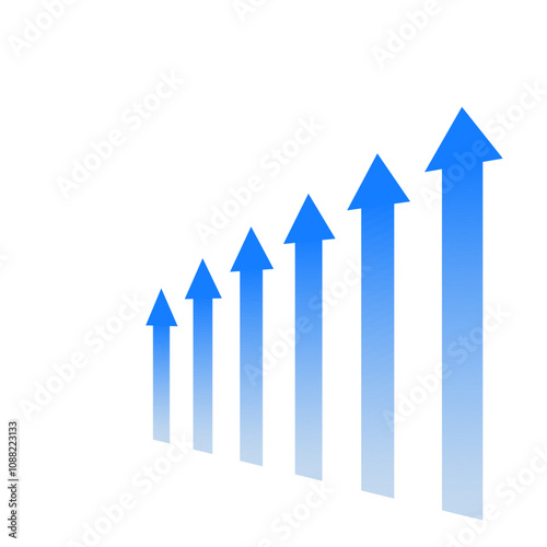 A series of blue arrows pointing upwards. The arrows are arranged in a row, with the first arrow pointing to the left and the last arrow pointing to the right. Concept of growth and progress