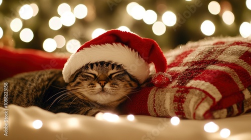 Cozy cat wearing a santa hat during the festive holiday season photo