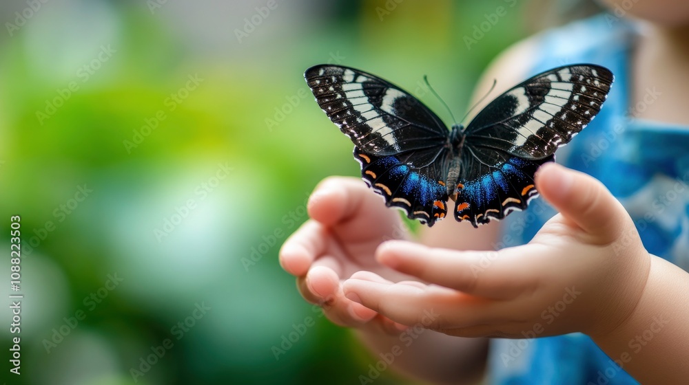 Child gently holding a butterfly in a lush green environment Child gently holding a butterfly in a lush green environment