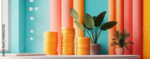 A colorful interior scene featuring stacked yellow coins and decorative plants against vibrant striped walls.