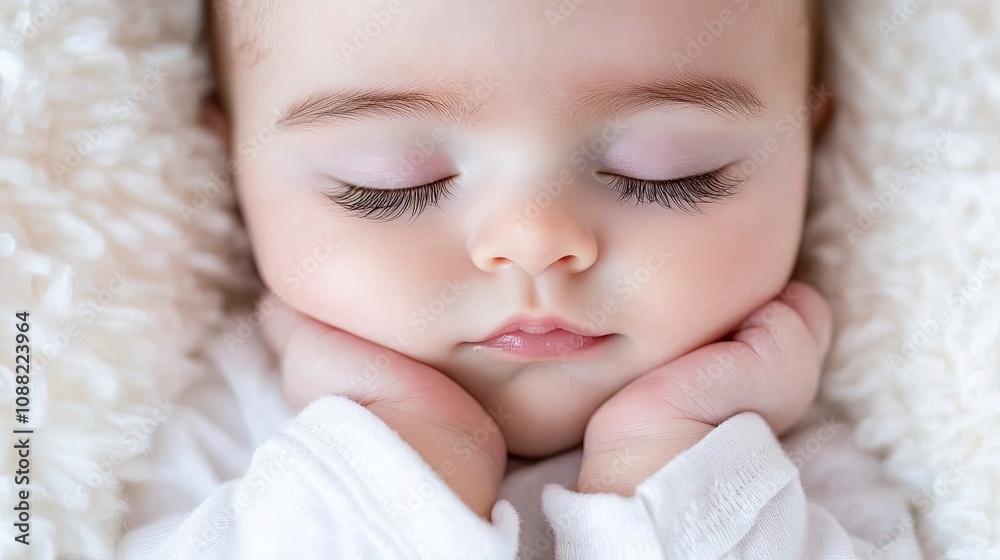Peaceful sleeping baby with soft features and long eyelashes Peaceful sleeping baby with soft features and long eyelashes