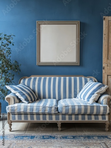 Blue Striped Sofa With Pill...