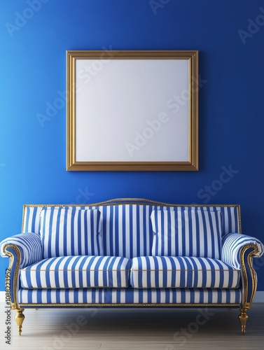 Blue Striped Sofa with Gold...