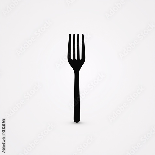 2408_059.A simple vector icon illustration depicting a medium-sized stainless steel fork, viewed from the side, spaghetti twirling inside, strong outline, at center for a website isolated white