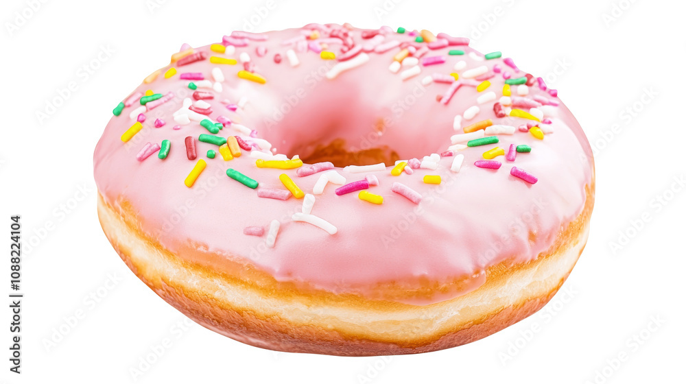 Delicious pink sprinkled donut bakery food photography bright setting close-up sweet indulgence Delicious pink sprinkled donut bakery food photography bright setting close-up sweet indulgence