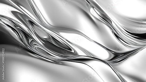 Abstract silver liquid metal flowing, wavy, shiny, reflective surface background.