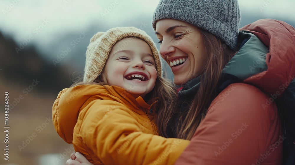 Obraz premium A joyful mother and child embrace outdoors, smiling in warm winter clothing.