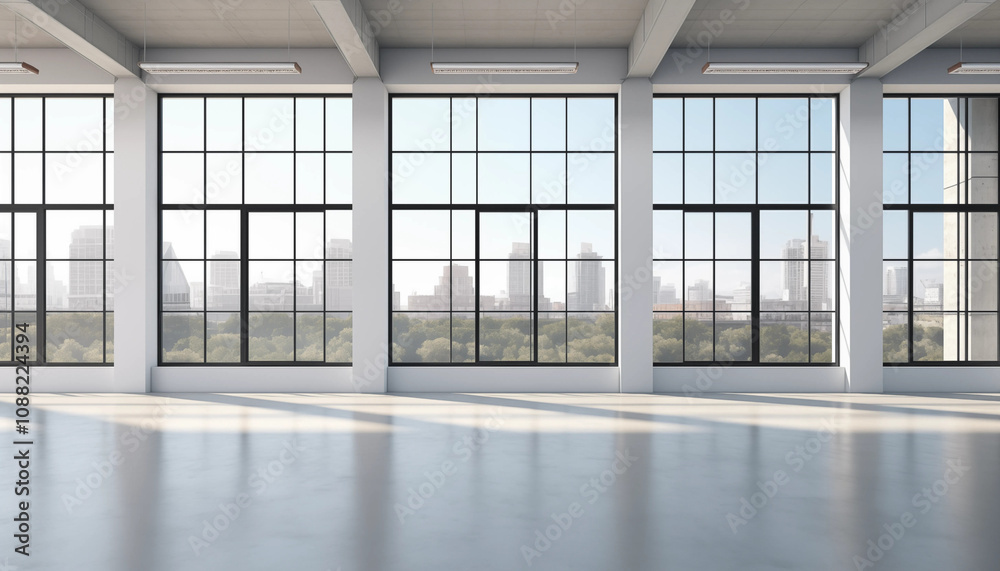 Fototapeta premium Empty Loft Space with Large Windows and City View