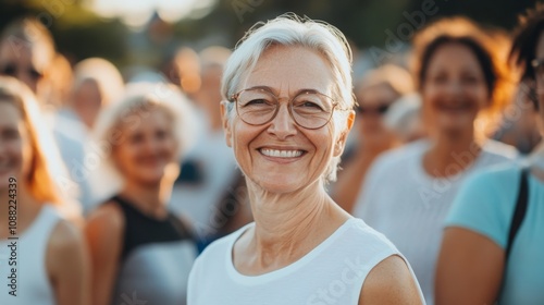 Smiling Woman Amidst Group of Happy People Outdoors