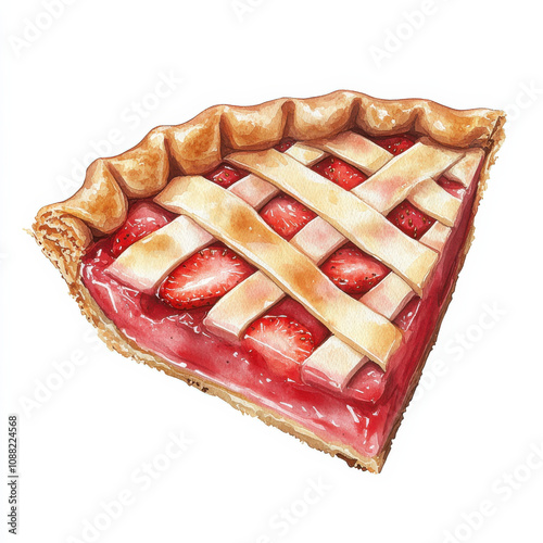 Obraz na płótnie Delicious slice of strawberry rhubarb pie with golden crust w salonie