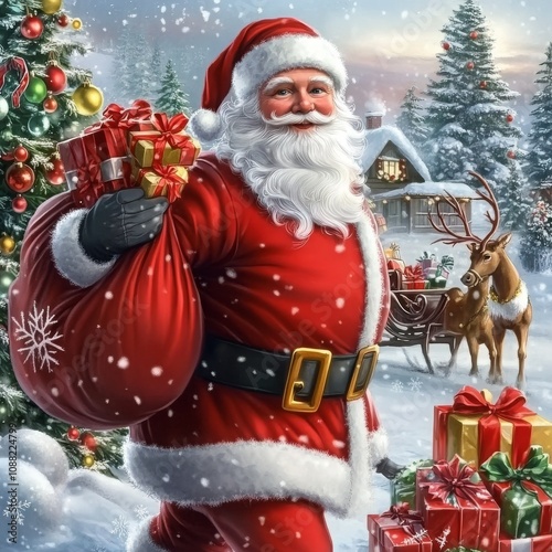 Cheerful Santa with Gifts in Winter Wonderland