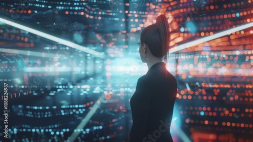 Businesswoman is immersed in a futuristic digital environment, observing a complex data flow visualized as an intricate network of interconnected nodes and glowing lines