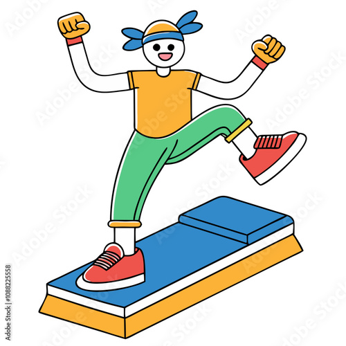 Energetic Step-Up: A vibrant illustration of a joyful person stepping up on an aerobic stepper, radiating energy and fitness.  