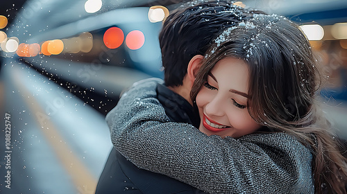 雪降る駅ホームで心から笑顔がこぼれる幸せな冬の抱擁、グレーのニットと黒のコートが織りなす温かな再会の情景、目を閉じて愛しい人の温もりを感じる至福の瞬間、クリスマスの夜に輝く赤い光が彩る感動シーン photo