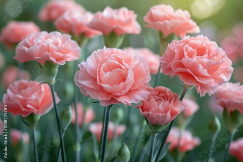 Delicate Pink Carnations Blooming in a Lush Garden, Capturing the Essence of Springtime Beauty and Nature's Colorful Floral Display