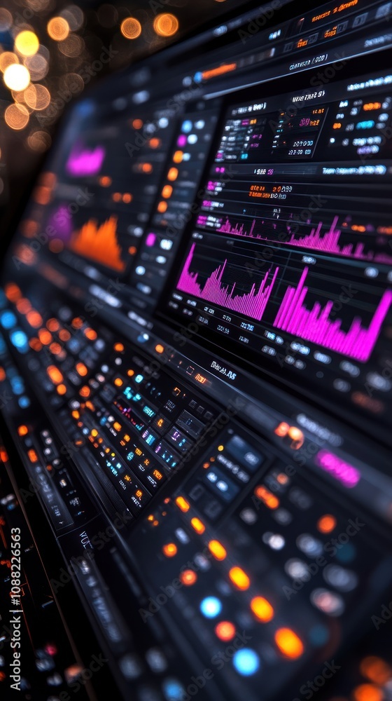Naklejka premium Data visualization dashboard with graphs and metrics in vibrant colors.