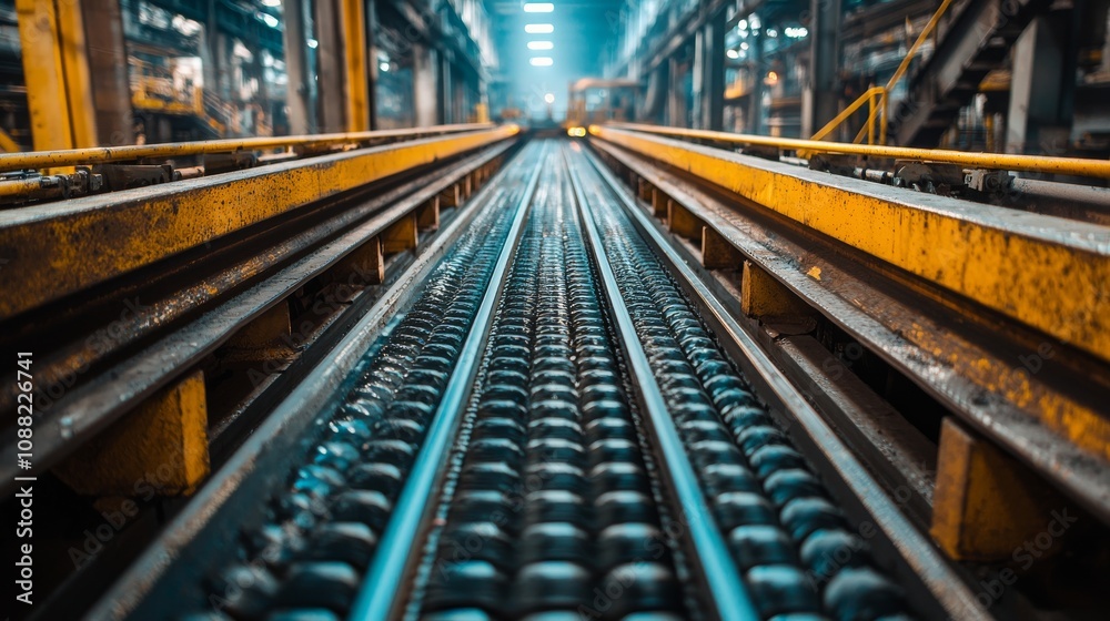 A close-up view of a conveyor belt in an industrial setting, showcasing its metallic structure and leading lines in a well-lit environment. A close-up view of a conveyor belt in an industrial setting, showcasing its metallic structure and leading lines in a well-lit environment.