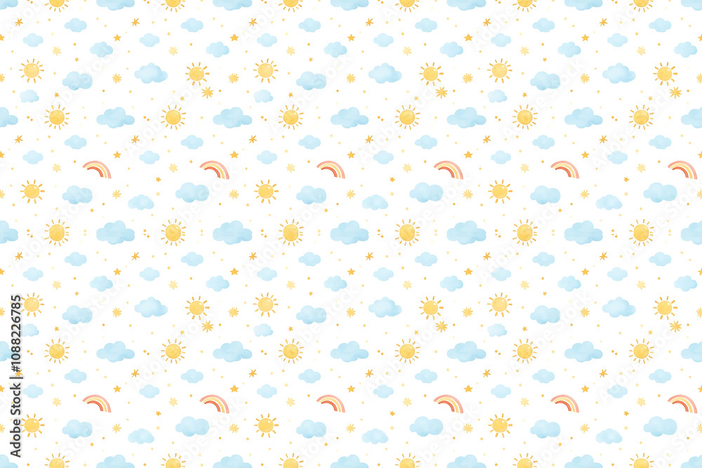 Cute Watercolor Sun, Cloud, and Star Pattern - 300 DPI, CMYK Cute Watercolor Sun, Cloud, and Star Pattern - 300 DPI, CMYK