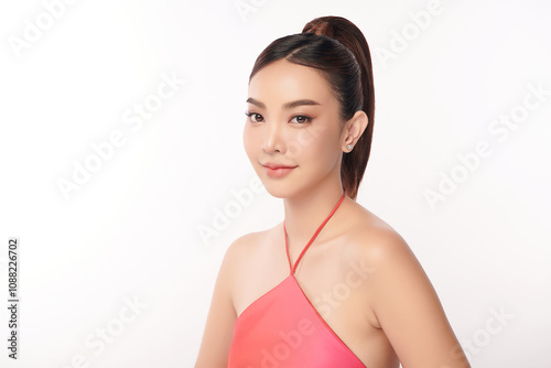 Beautiful young asian woman with clean fresh skin on white background, Face care, Facial treatment, Cosmetology, beauty and spa, Asian women portrait.