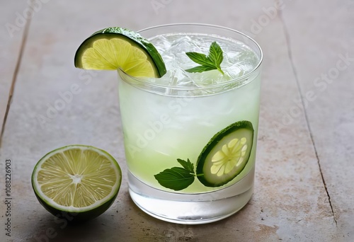 A close-up of a cocktail with gin, a lime wedge, and slices of cucumber