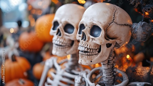 Two skeletons among pumpkins and decorations, creating a festive Halloween atmosphere. photo