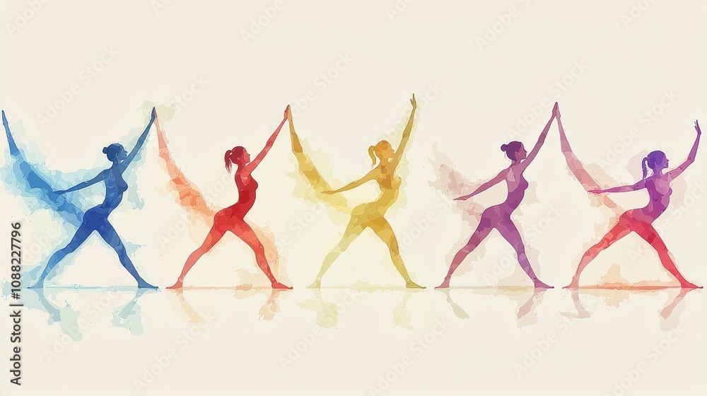 Colorful Silhouettes of Dancers Moving Gracefully with Flowing Fabrics in a Vibrant Watercolor Style for Artistic Expression and Joyful Celebration Colorful Silhouettes of Dancers Moving Gracefully with Flowing Fabrics in a Vibrant Watercolor Style for Artistic Expression and Joyful Celebration