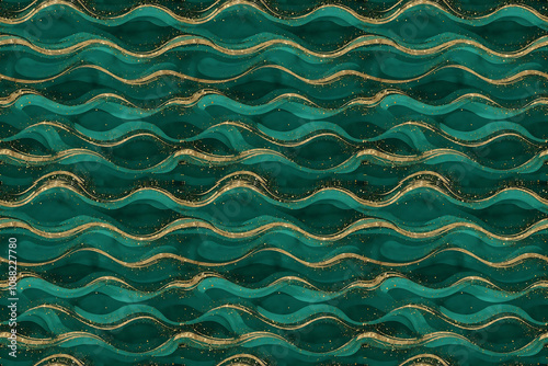 Teal and Gold Waves Pattern, 300 DPI, CMYK, Print-Ready