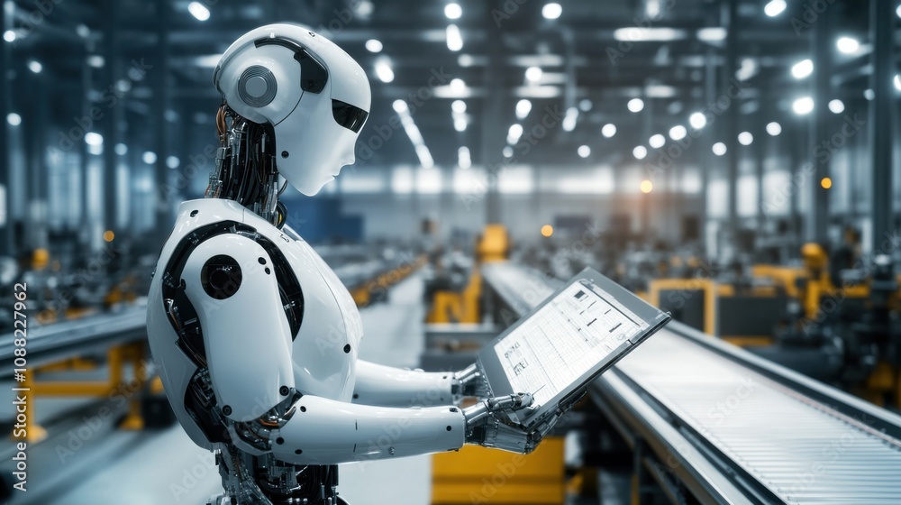 A robotic inspector evaluating machinery in an industrial factory, busy and mechanical setting with conveyor belts and assembly lines, Industrial Robotics style A robotic inspector evaluating machinery in an industrial factory, busy and mechanical setting with conveyor belts and assembly lines, Industrial Robotics style