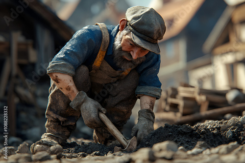 Village construction worker digging rural setting artistic illustration natural environment close-up view craftsmanship concept