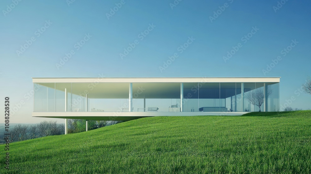 Minimalist glass house on a hill, panoramic landscape view, clean lines Minimalist glass house on a hill, panoramic landscape view, clean lines