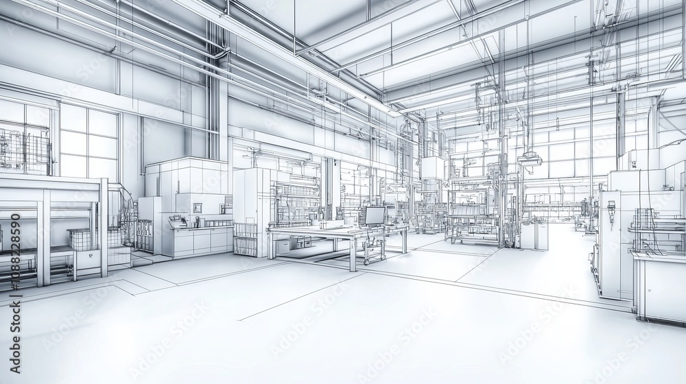 A detailed industrial workspace featuring machinery and equipment, illustrated in a blueprint style, emphasizing structure and layout.