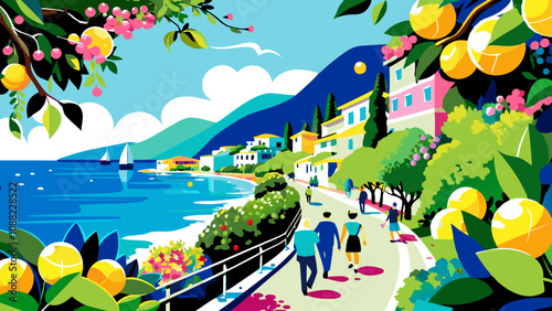 Vibrant Coastal Village with Citrus Trees and Strolling People