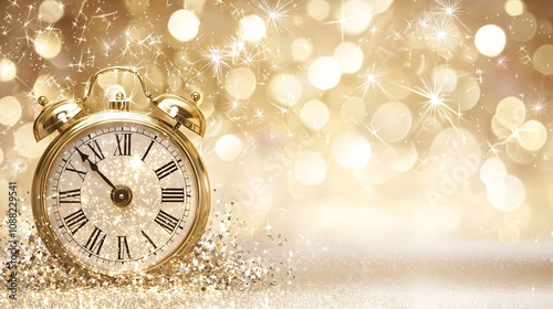 Golden Alarm Clock Surrounded by Shimmering Glitter and Bokeh Lights Perfect for Celebrations, Events, and New Year’s Eve Designs or Themes