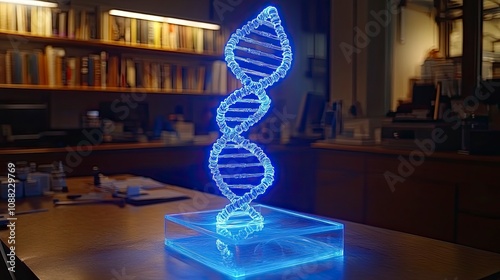 Illuminated dna sculpture on a desk in a laboratory setting photo