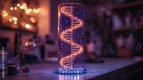 Illuminated dna model in a laboratory setting with blurred background photo