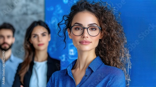 Confident Businesswoman with Curly Hair Wearing Glasses in an Office Setting, Standing in Front of Colleagues Against a Blue Background