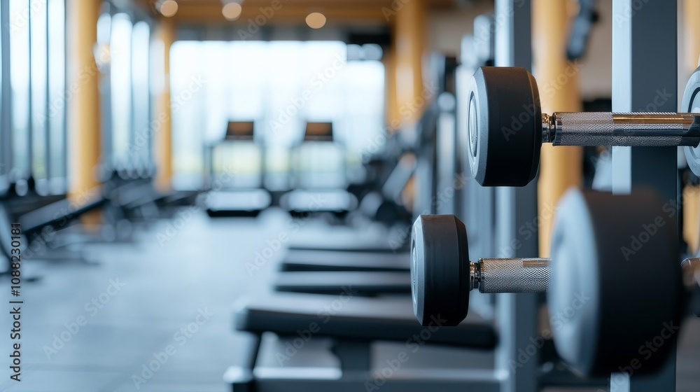 A modern gym interior featuring dumbbells and workout benches, bathed in natural light from large windows, creating an inviting fitness environment. A modern gym interior featuring dumbbells and workout benches, bathed in natural light from large windows, creating an inviting fitness environment.