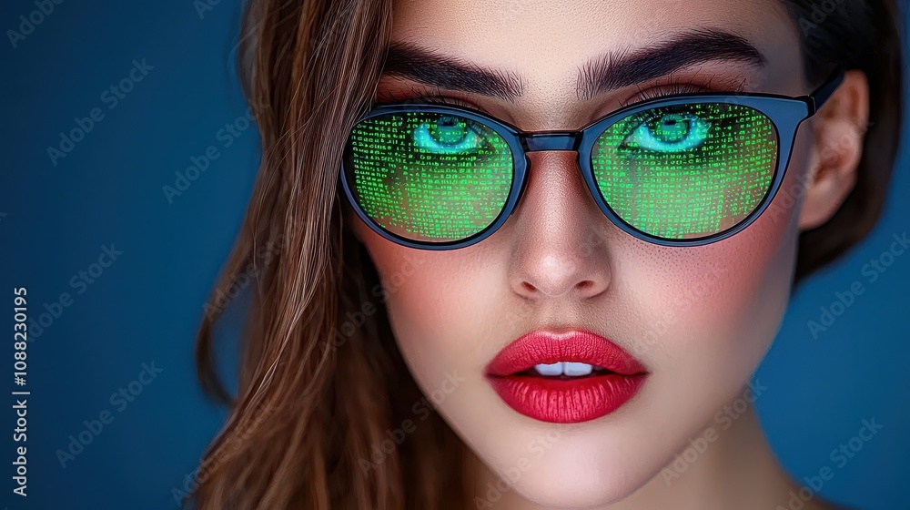 Stunning portrait of a woman wearing futuristic green digital glasses with vibrant reflections, showcasing a blend of beauty, technology, and modern aesthetics in a striking close-up shot Stunning portrait of a woman wearing futuristic green digital glasses with vibrant reflections, showcasing a blend of beauty, technology, and modern aesthetics in a striking close-up shot