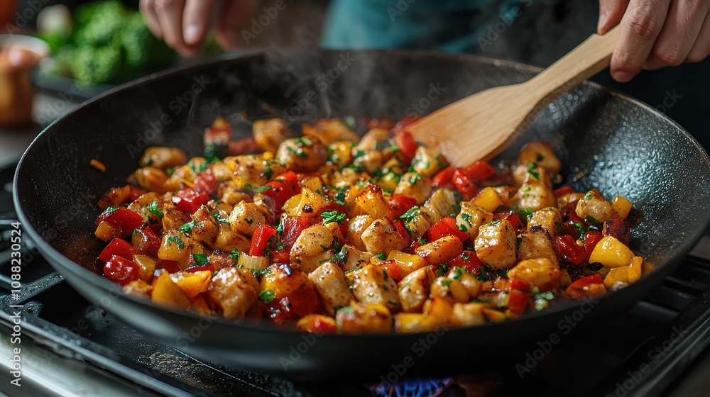 Close-up of hands cooking vegetables in a wok with vibrant steam rising Close-up of hands cooking vegetables in a wok with vibrant steam rising