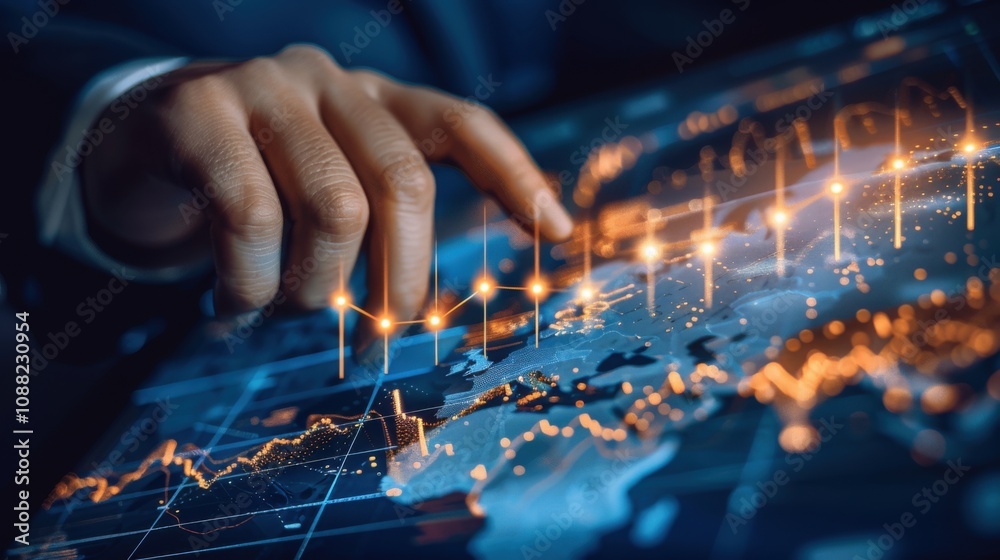 Global business, Investor touching of invest graph data growth on business network and investment risk analysis for return of success, strategy and planning investment, Banking, Finance and stock Global business, Investor touching of invest graph data growth on business network and investment risk analysis for return of success, strategy and planning investment, Banking, Finance and stock