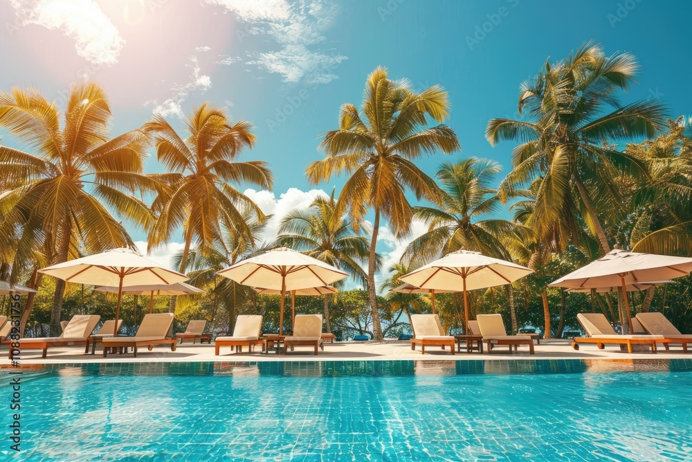 Palm trees surround a pool. This image is ideal for travel brochures and websites showcasing tropical destinations. Palm trees surround a pool. This image is ideal for travel brochures and websites showcasing tropical destinations.