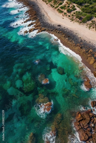 Drone view of the sea coast. Rocky shore and sea water. Vacation and travel. Summer seascape. aerial view. Image for cards, background, wallpaper or design - generative ai